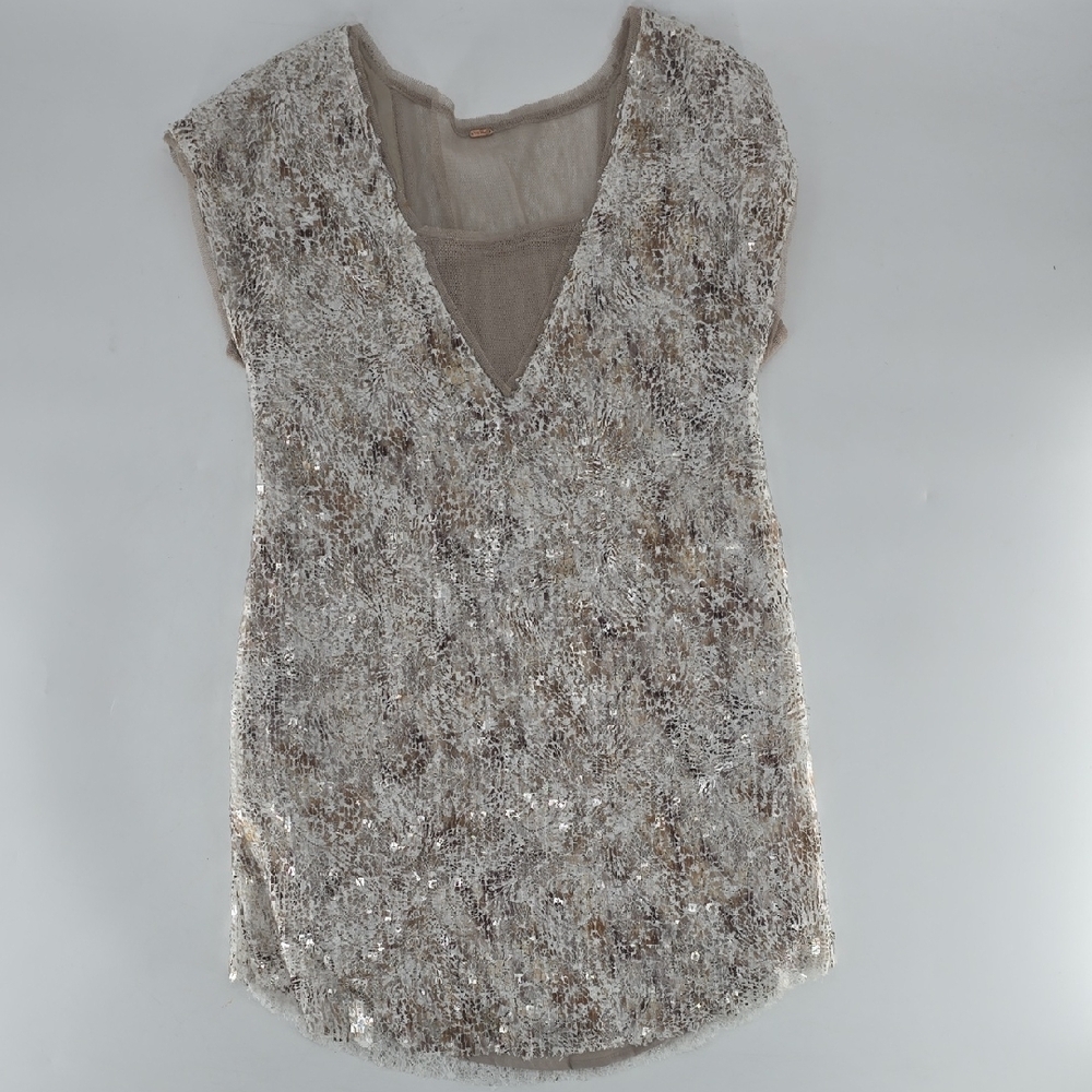 Free People Silver‎ and Cream Sequin Cap Sleeve Blouse